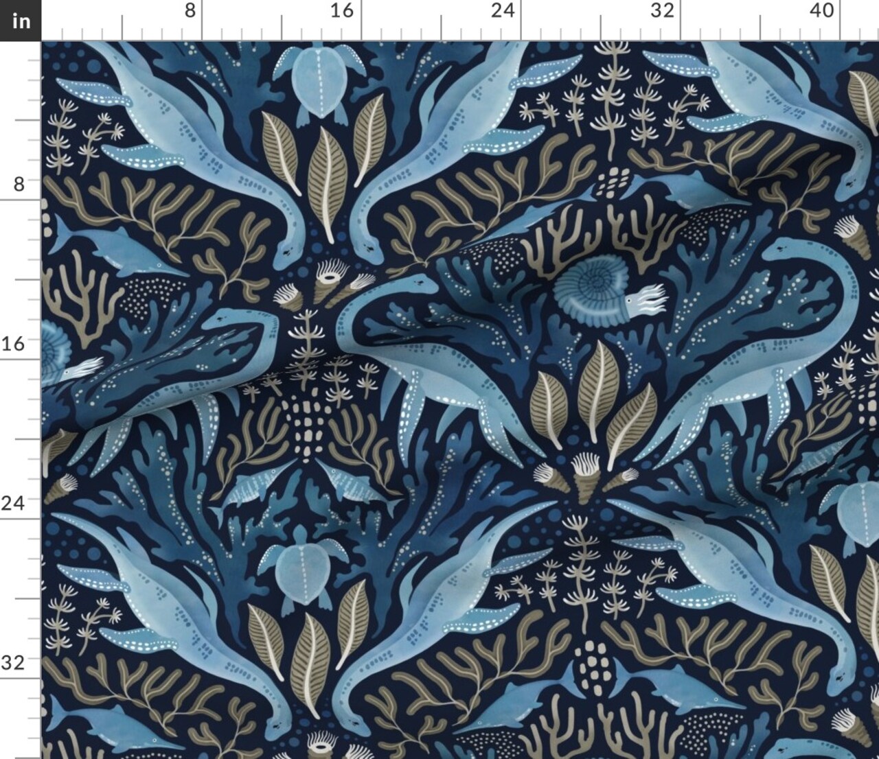 Watercolor Dinosaur Blue Ocean Under The Sea Ammonites Turtle Kids Play Room Kelp Seaweed Plesiosaurs Prehistoric Animals Large Scale Custom Printed Fabric by Spoonflower Various Fabrics by the Yard or Fat Quarter